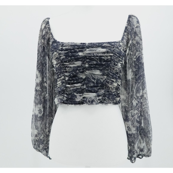 Free People Crop Top Blue Sheer Floral Puff Sleeve Cottagecore Boho Size Large - Picture 2 of 13